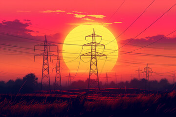 Fototapeta premium High voltage Electricity tower against sun in sunset. 