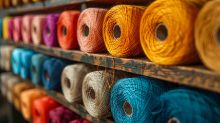 colorful cotton yarn on a shelf, textile industry background