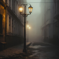 Old-fashioned street lamp in a foggy alley.