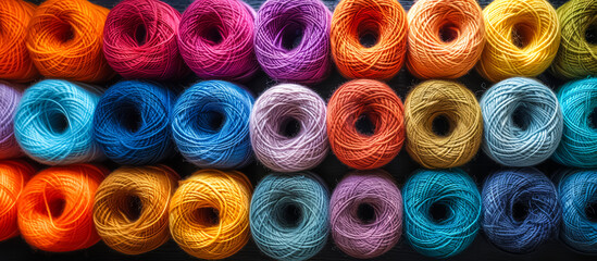 colorful cotton yarns, top view, textile industry background