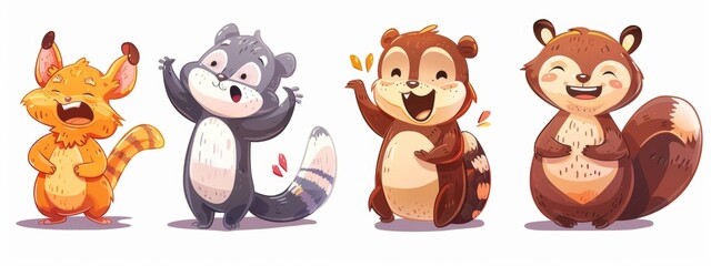 Fototapeta premium Illustrations of cute animals or characters in playful poses for children books or products.