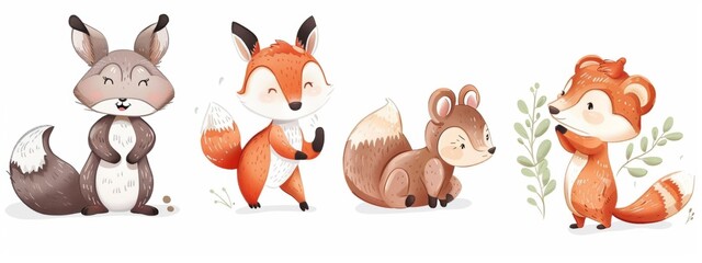 Fototapeta premium Illustrations of cute animals or characters in playful poses for children books or products.