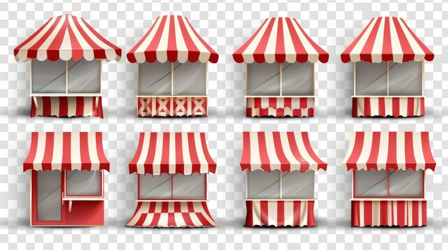 Awnings, shop tents, canopy, street market shelters, sun shade shelters. Realistic 3D modern set of outdoor coverings with red and white stripes.