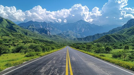 Fototapeta premium A paved road with lush hills and cloudy sky in the backdrop.