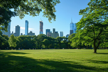 Obraz premium A metropolitan park with a city skyline in the background 