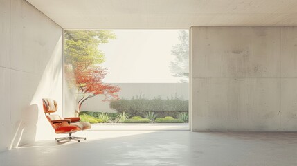 A minimalist interior showcases a single mid-century modern chair against stark white walls, with a large window framing a tranquil Zen garden, highlighting space, light, and form