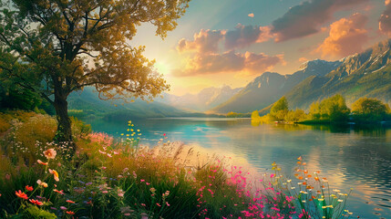 beautiful sunset with flowers and lake in summer.