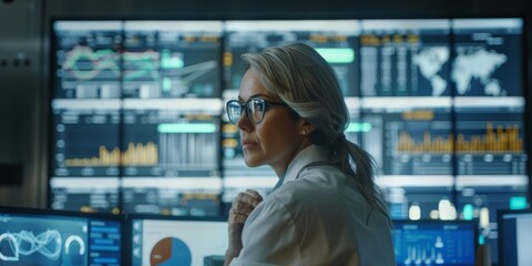 In the monitoring room, a female senior data scientist reviews reports from the risk management department on a large digital screen. Generative AI.