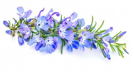 White isolated blossoms of rosemary on a blue background.