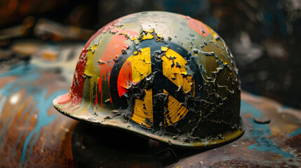 A military helmet with a peace symbol painted on it.


