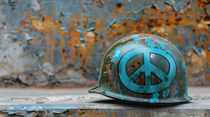 A military helmet with a peace symbol painted on it.


