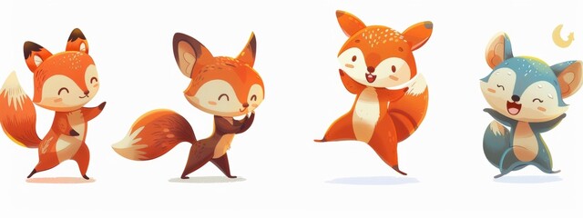 Illustrations of cute animals or characters in playful poses for children books or products.