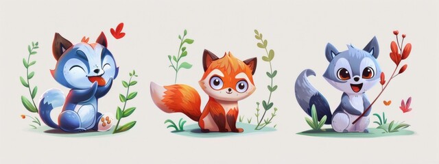 Illustrations of cute animals or characters in playful poses for children books or products.