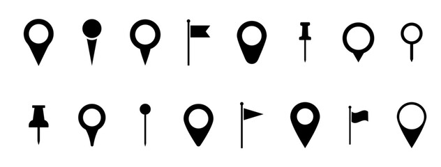 Set of location pin icons. Flag icon. Map markers Illustration. Destination symbol. Pointer logo. Vector illustration