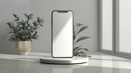 A white smartphone on a bright stand, showcasing presentation and mockup ideas.