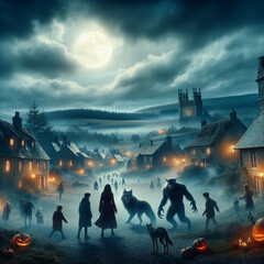 A haunted mansion with eerie lights and ghostly figure Halloween scary background Zombie Hand Rising Out Of A Graveyard In Spooky Night , Generative Ai