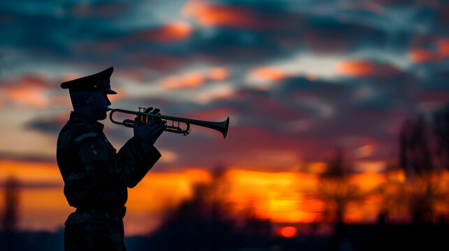A silhouette of a soldier playing a bugle at dawn.



