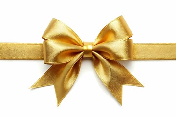 Golden bow with long ribbon on white background