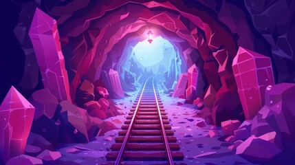 The backside of a coal mine tunnel with red crystals, rails and lights from the entrance. A shaft of coal inside a mountain with an underground ruby deposit. Illustration of a mine tunnel with red