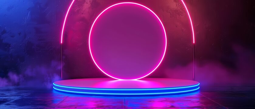 Highlighting a luxury podium with a neon design that brings vibrant life to any award ceremony, podium for product showcase background Sharpen banner template with copy space
