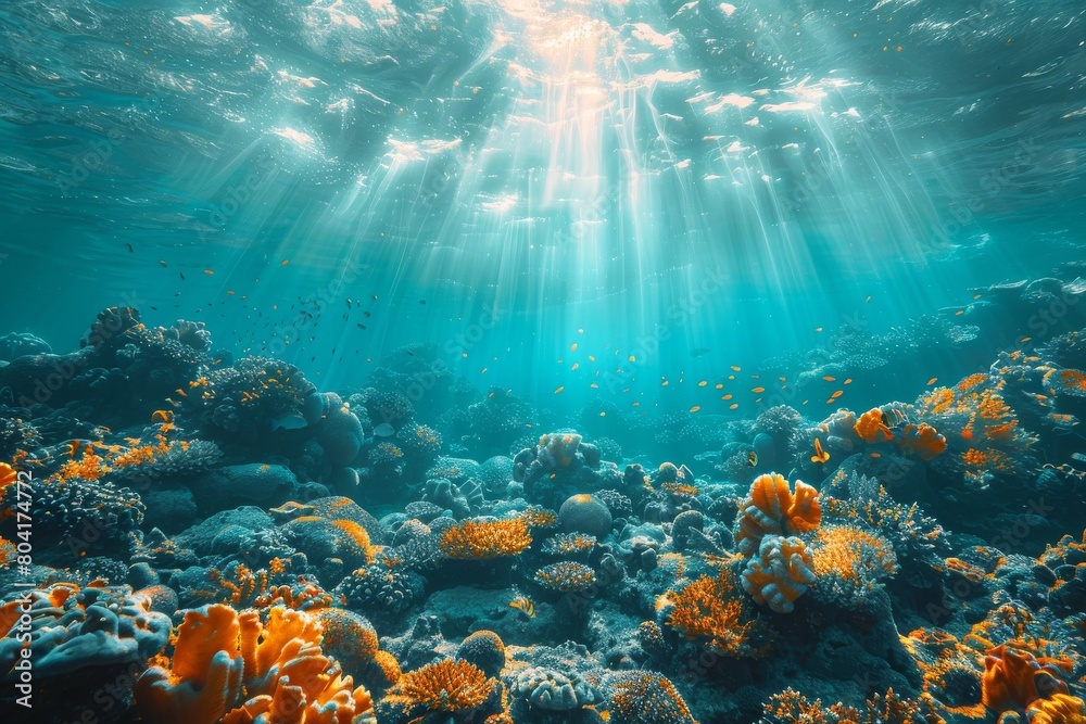 Wall mural Underwater landscape with rays of sunlight shining on orange fish swimming among vibrant coral formations - Wall murals