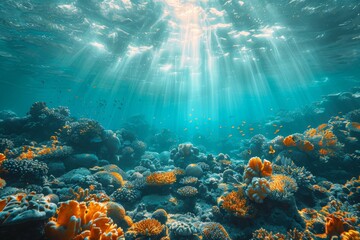 Fototapeta premium Underwater landscape with rays of sunlight shining on orange fish swimming among vibrant coral formations