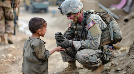A soldier sharing a light moment with a local child.


