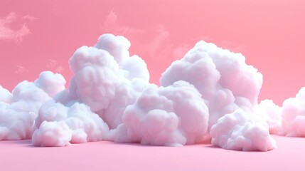 Soft white fluffy clouds isolated on pink background. Symbols of meteorology, freedom and heaven, 3D render illustration.