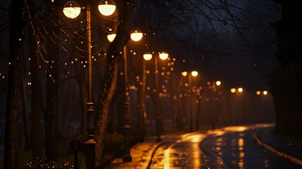 Guiding Lights: Street lamps casting a soft glow, guiding travelers along the nighttime roads.