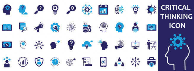 Critical thinking icon set. Containing think, problem-solving, analysis, reasoning, evaluation, experience, research, logic and listening icons. Solid icon collection