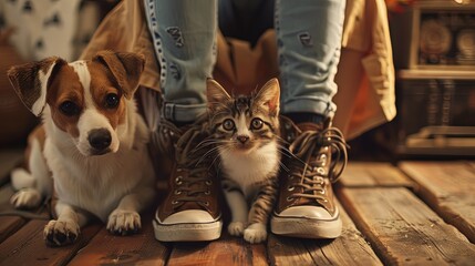 Fototapeta na wymiar Happy Feet: Cats and dogs wearing comfortable shoes, ready for any adventure with their loving owners.