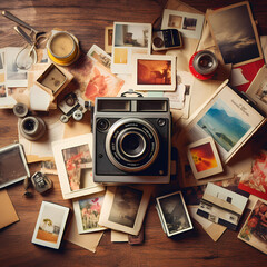 Vintage polaroid camera with instant photos scattered around