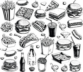 Set with fast food products on white background