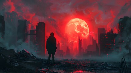 A man stands before a ruined city under a looming blood red moon, depicting a stark, apocalyptic scene filled with devastation and eerie beauty.