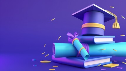 3d render of student graduation, education in a school, college or university, with books, diploma scrolls, and an academic bachelor hat on top.