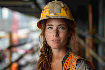 A woman wearing a yellow hard hat at a construction site