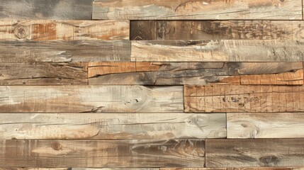 Rustic wood planks in shades of brown and beige create a natural texture