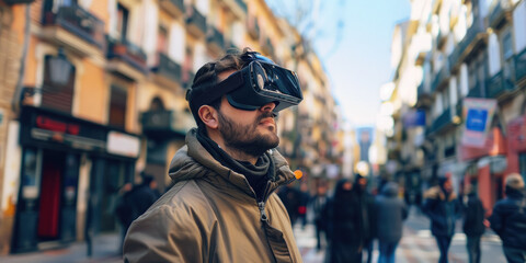 man in virtual reality glasses on a city street, spatial computer, mask, high technology, VR, device, person, people, portrait, online, game, Internet, future, electronic, 3D, three-dimensionally