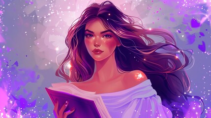 An attractive girl in a purple dress holds a book. Modern illustration of a pretty fashion model with long hair. A portrait of a romantic and smart young woman.