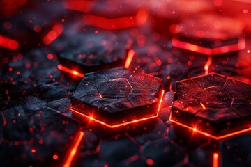 Striking deep black hexagonal pattern overlaid with vibrant red glowing accents evokes a sense of high-tech sophistication