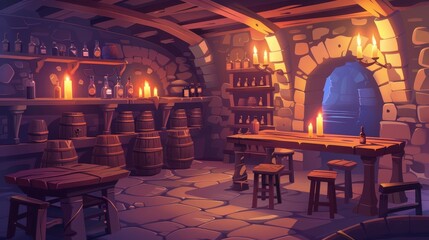 Cartoon illustration of a medieval tavern in a castle dungeon filled with candle lamps, wooden furniture and stuff. Table and chairs with bottles, middle ages game background.