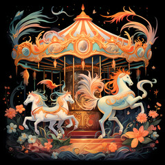 Whimsical carousel with mythical creatures.