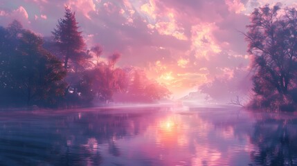 A tranquil lake scene under a pink sunrise, with mist hovering over the water and silhouetted trees reflecting on the surface.