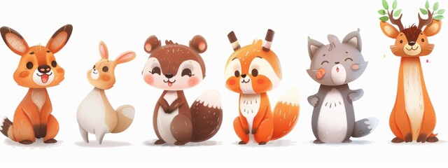 Illustrations of cute animals or characters in playful poses for children books or products.