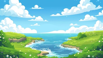 Nature panorama with stream, ocean coast, green grass, bushes with flowers, clouds and clouds in sky, modern cartoon illustration of summer landscape with river flowing into sea.