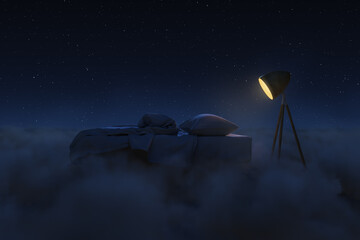 Cosy bed illuminated by lamp. The bed flying over fluffy clouds at night. 3D Rendering