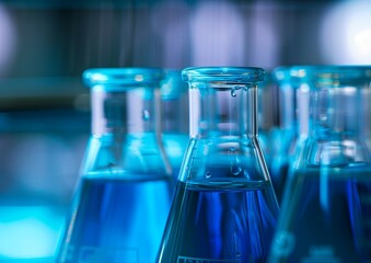 Close-up of Blue Liquid in Science Laboratory Glassware with Bokeh Background