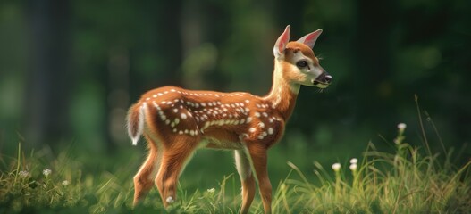 A baby deer standing on grassy meadow.