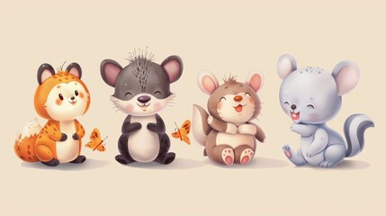 Naklejka premium Illustrations of cute animals or characters in playful poses for children books or products.