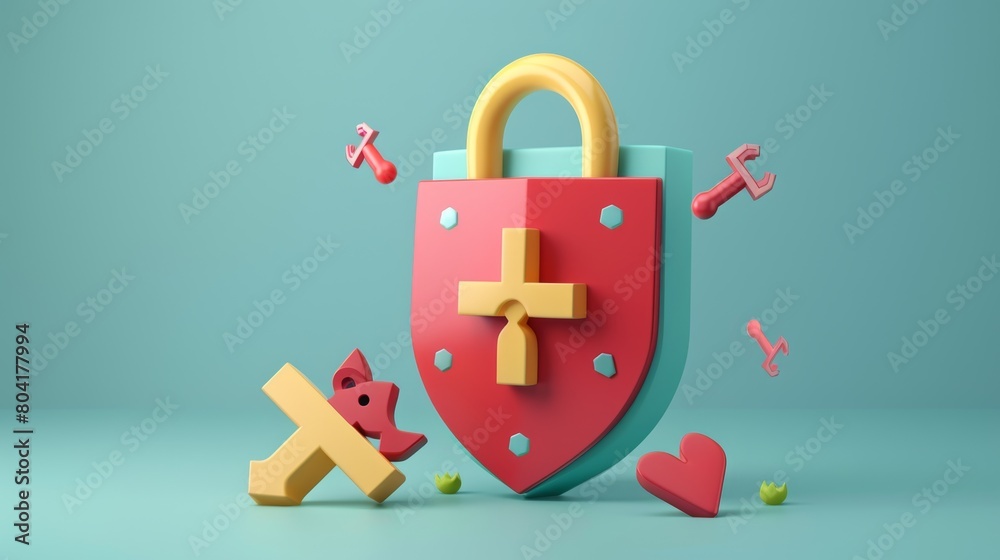 Poster a red padlock, shield with exclamation marks and a cross sign symbolize security warnings, wrong pas